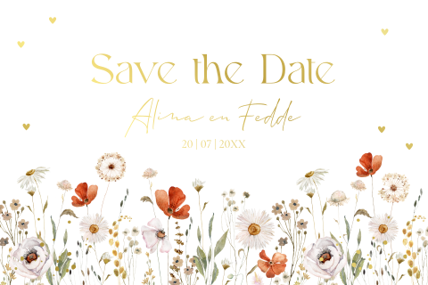 Save the Date kaart wit wild flowers rood goudfolie