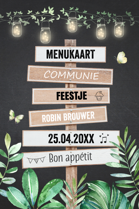 Menukaart communie wegwijzer hout groene bladeren