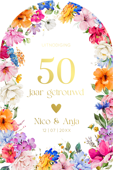 Jubileum uitnodiging 50 jaar getrouwd bloemen boog goudfolie