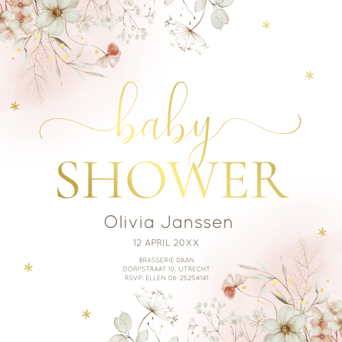 Babyshower uitnodiging bloemen roze watercolor goudfolie