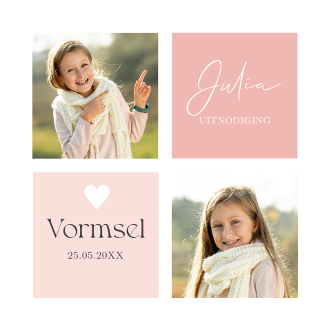 Uitnodiging vormsel met foto meisje vlakken roze
