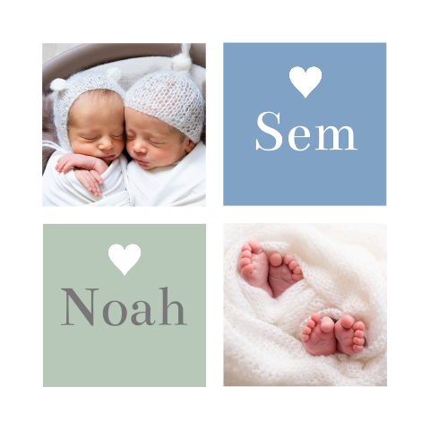 Geboortekaartje tweeling jongens eigen foto blauw hartjes