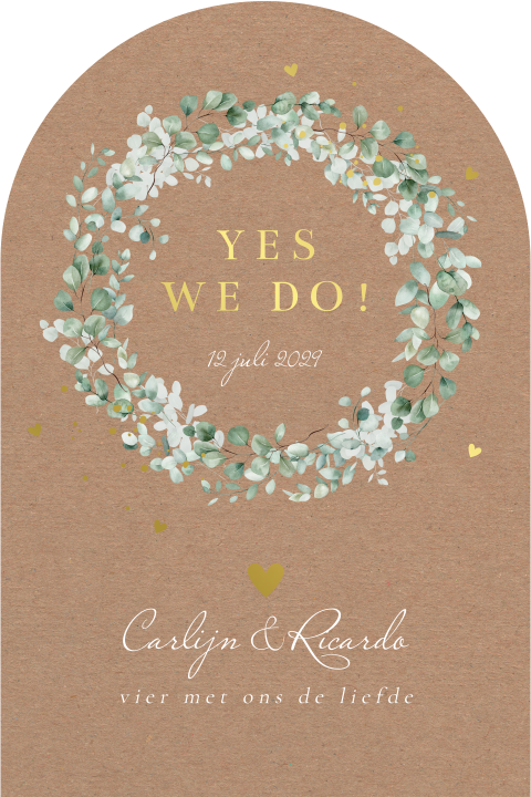 Trouwkaart botanisch bladeren groen boog goudfolie