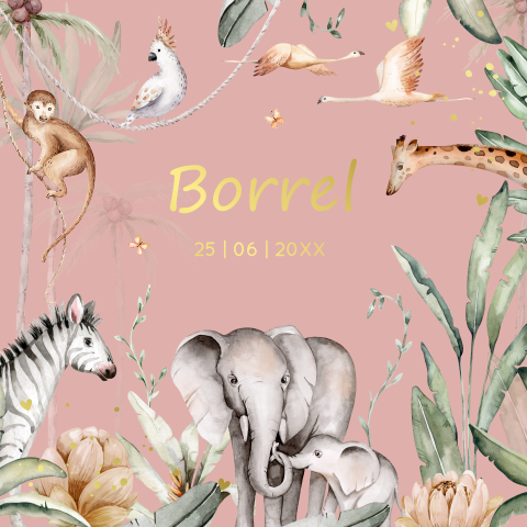 Kraamborrelkaartje jungle dieren roze vierkant