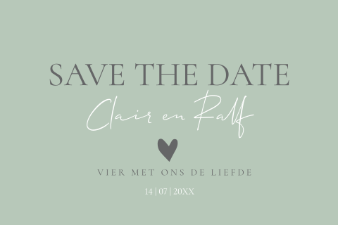 Save the Date kaart grijsgroen hartje typografie