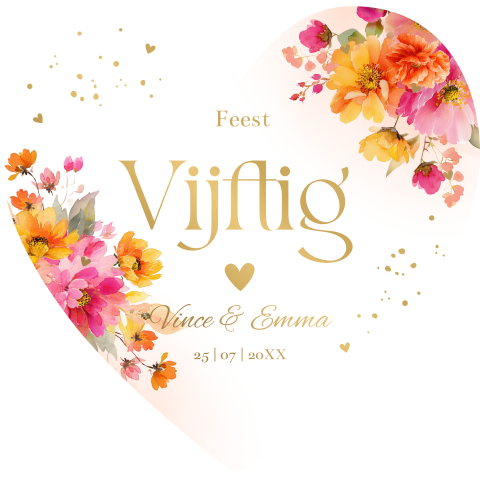 Jubileum uitnodiging 50 jaar getrouwd hartje bloemen goudfolie