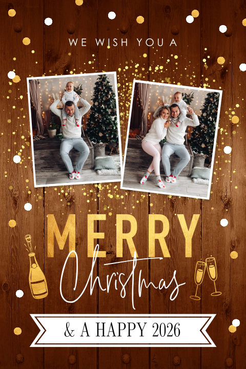 Kerstkaart met foto goudlook bruin hout spetters