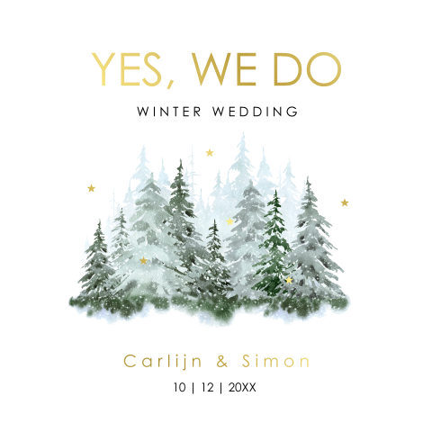 Winter wedding trouwkaart groen forrest goudfolie vierkant