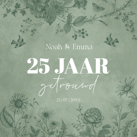 Uitnodiging huwelijk jubileum 25 jaar getrouwd groen botanisch