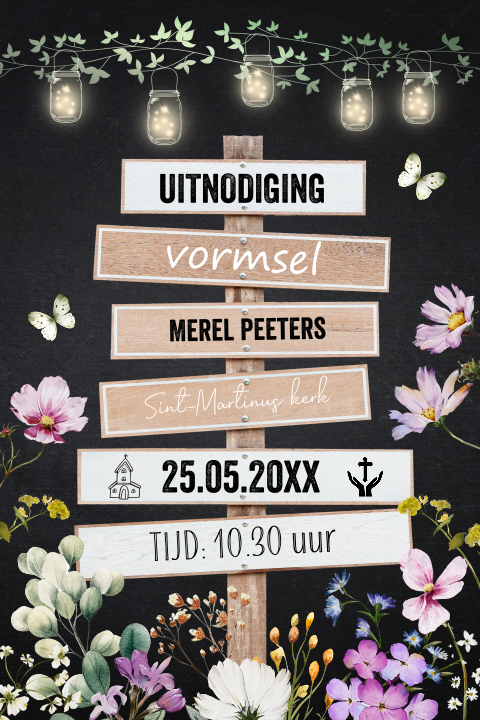 Uitnodiging vormsel meisje houten wegwijzer lampjes bloemen paars