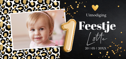 Uitnodiging kinderfeestje meisje 1 jaar zwart panterprint goud foto