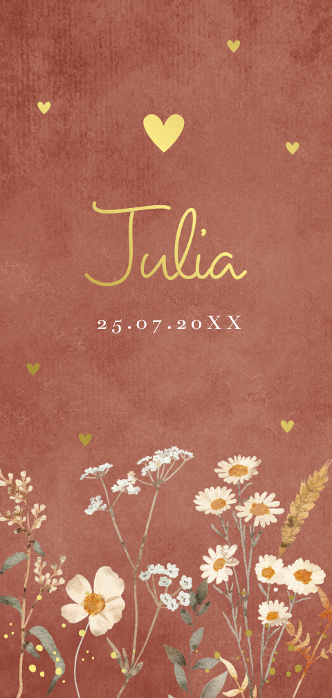 Geboortekaartje bloemen roestbruin langwerpig goudfolie