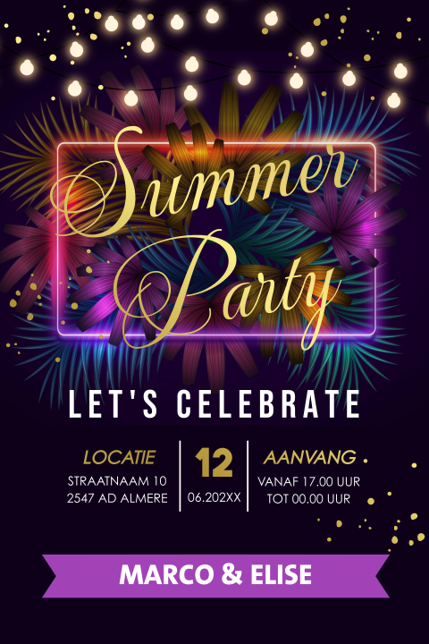 Summer Party tuinfeest uitnodiging neon goudfolie