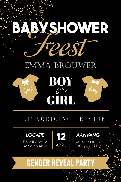 Babyshower uitnodiging zwart goud typografie