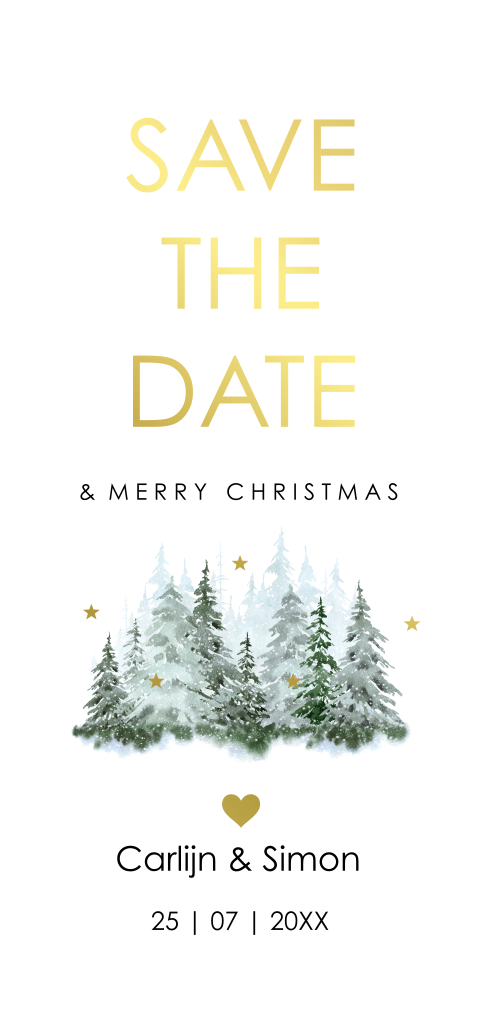 Save the Date kerstkaart forrest groen goudfolie langwerpig