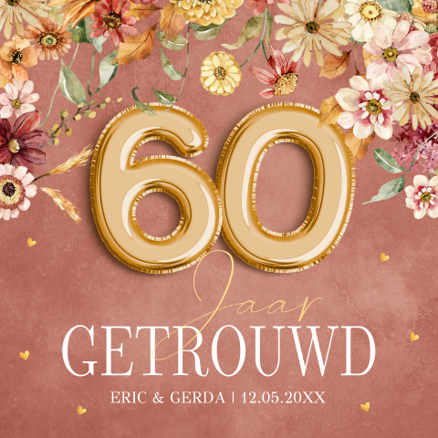 Jubileum uitnodiging 60 jaar getrouwd bloemen terracotta roze