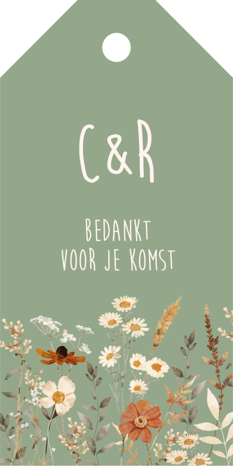 Labeltjes huwelijk groen veldbloemen beige