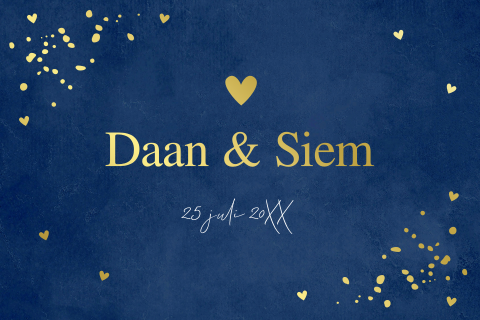 Geboortekaartje tweeling jongens donkerblauw goudfolie hartjes