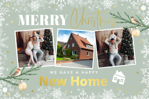 Kerst verhuiskaart fotocollage groen sneeuwvlokken huisje goudfolie