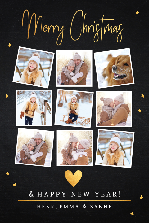 Kerstkaart fotocollage zwart goudlook
