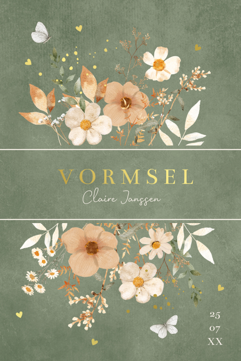 Vormsel uitnodiging meisje groen bloemenkrans goudfolie
