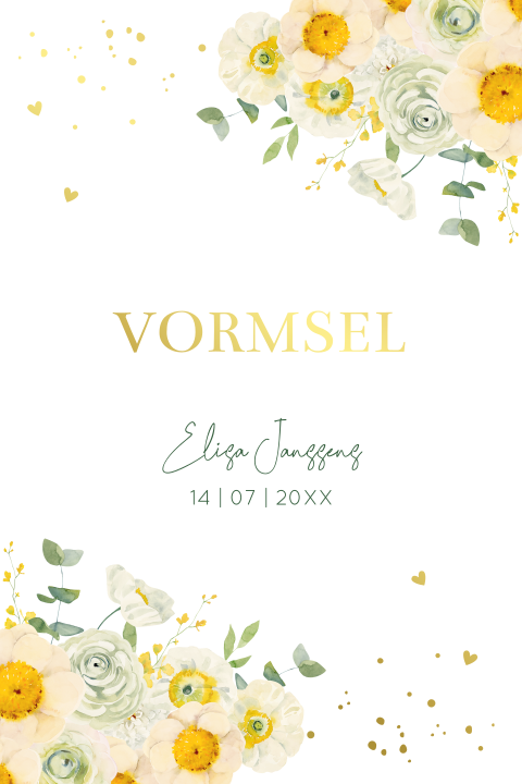 Uitnodiging vormsel meisje bloemen geel goudfolie