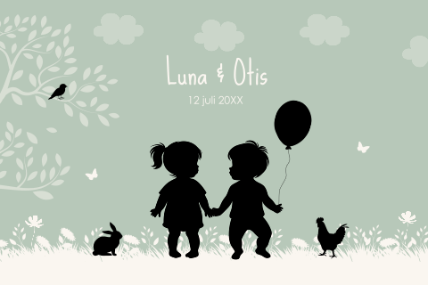 Geboortekaartje tweeling meisje jongen silhouet groen boom dieren
