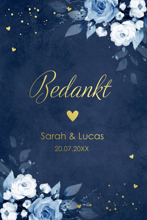 Bedankkaart huwelijk blauw bloemen goudfolie