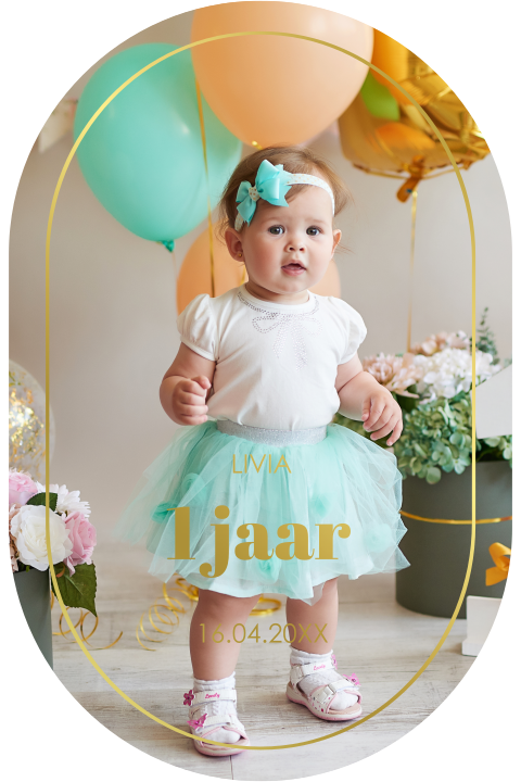 Uitnodiging kinderfeestje ovaal eigen foto 1 jaar goudfolie