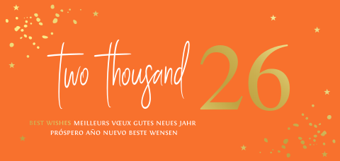 Zakelijke kerstkaart modern bedrijf jaartal 2026 oranje goudfolie