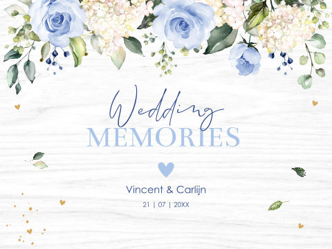 Memorybox hout bruiloft wit bloemen blauw