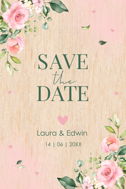Save the Date kaart op echt hout romantische bloemen roze