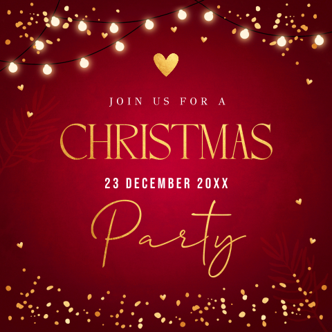 Kerstdiner uitnodiging Christmas party rood lampjes goud look