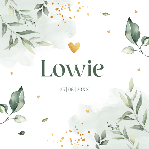 Geboortekaartje jongen groen botanisch bladeren goud look