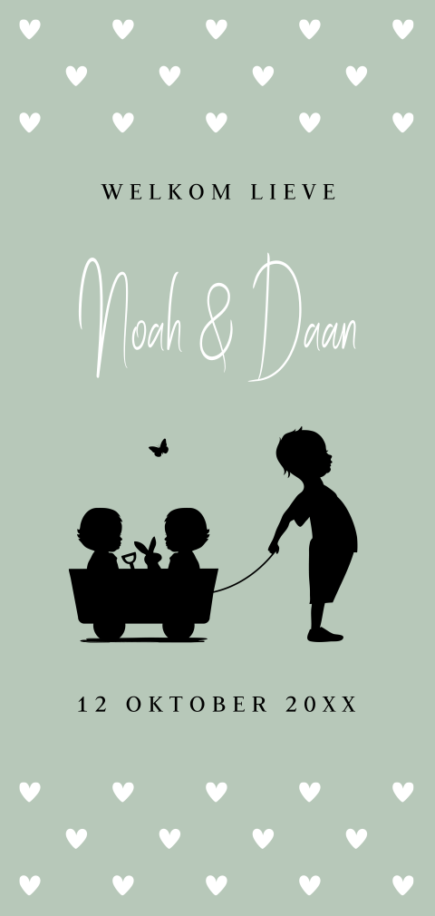 Geboortekaartje tweeling jongens grote broer silhouet mintgroen