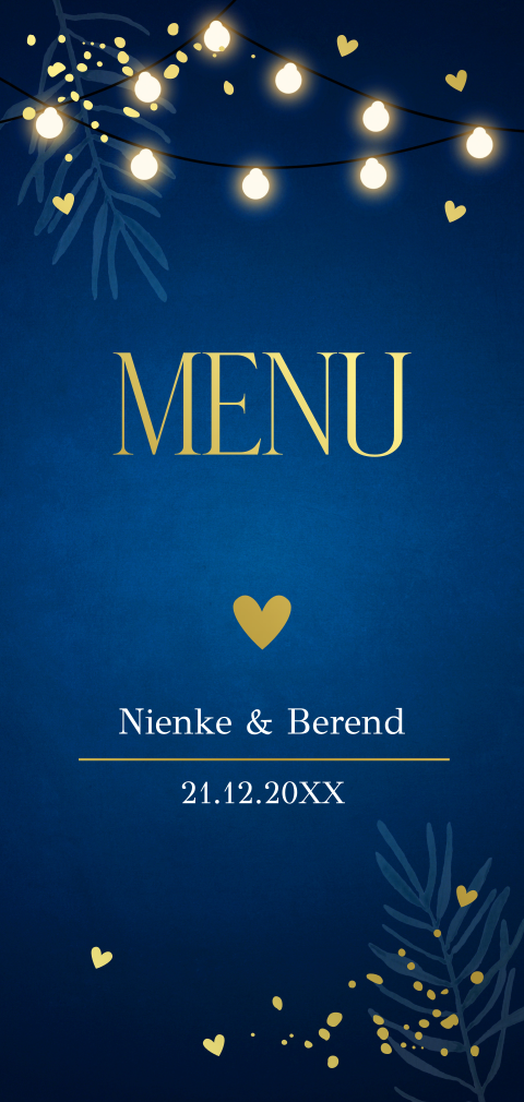 Menukaart huwelijk langwerpig blauw lampjes goudfolie