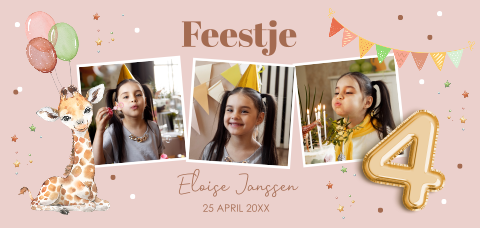 Uitnodiging kinderfeestje meisje 4 jaar fotocollage giraffe ballonnen