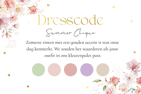 Dresscode kaartje bruiloft summer chique roze bloemen kleurenpalet