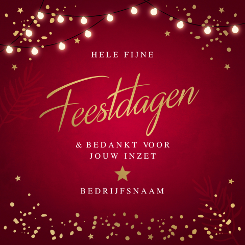 Zakelijke kerstkaart rood Fijne Feestdagen goudfolie lampjes