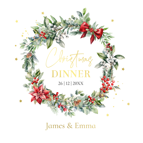 Kerstdiner uitodiging wit met kerstkrans en goudfolie