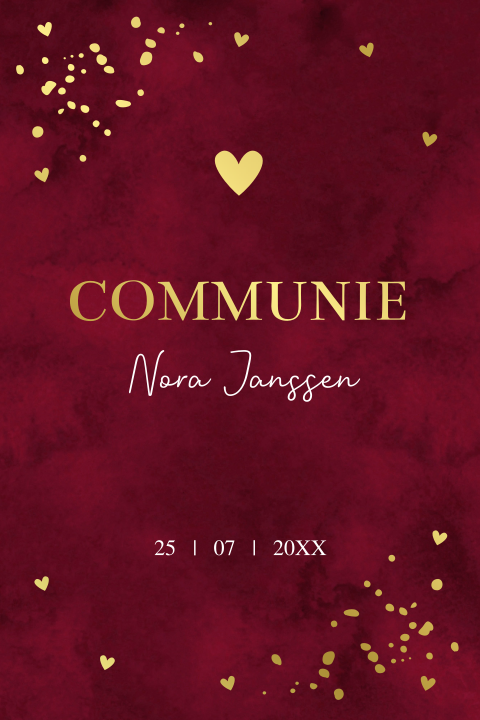 Communiekaart rood meisje hartjes goudfolie