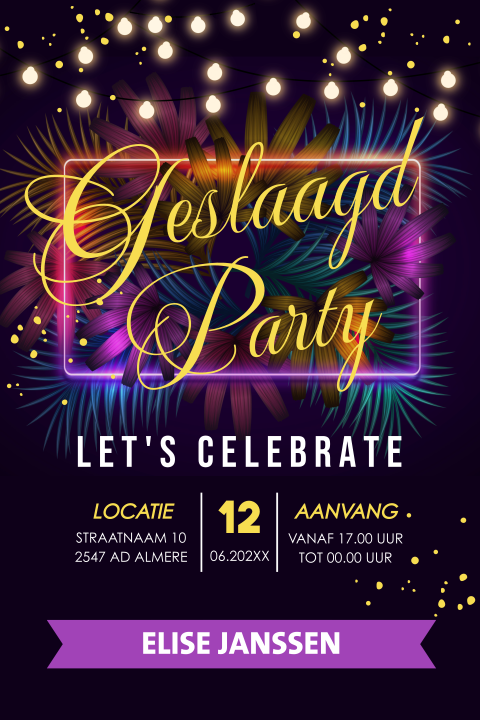 Utnodiging geslaagd examen party neon paars
