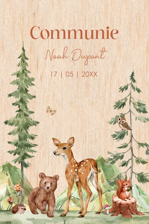 Communie uitnodiging echt hout bosdieren beertje hertje bos