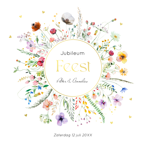Jubileumkaart huwelijk bloemenkrans goudfolie
