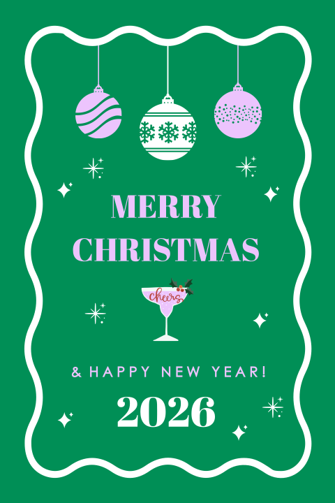 Kerstkaart groen paars kerstballen golvend kader modern