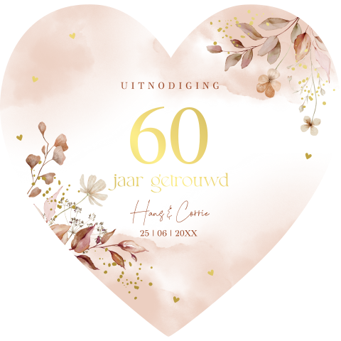 Jubileum uitnodiging 60 jaar getrouwd hartje bloemen goudfolie