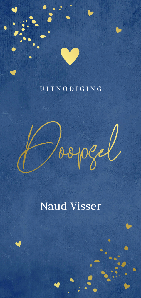Doopkaart jongen donker blauw hartje goudfolie