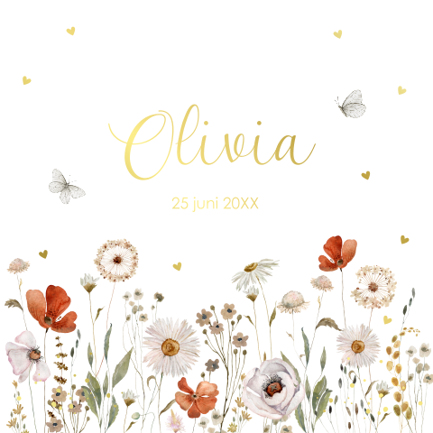 Geboortekaartje meisje wit bloemen rood goudfolie