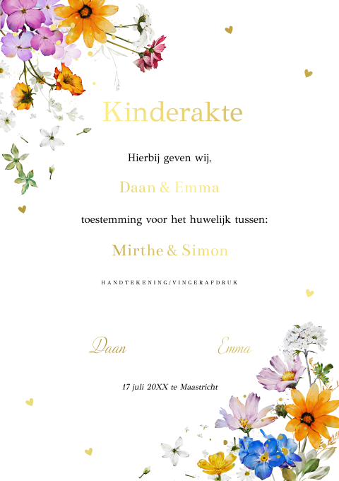 Kinderakte huwelijk zomerse bloemen en goudfolie