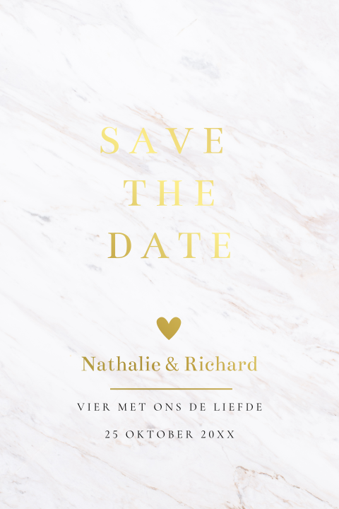 Save the Date kaart marmerlook wit goudfolie